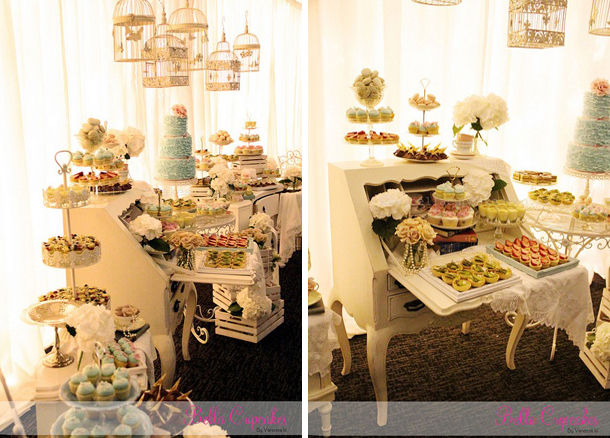 Vintage wedding desserts on vintage furniture pieces