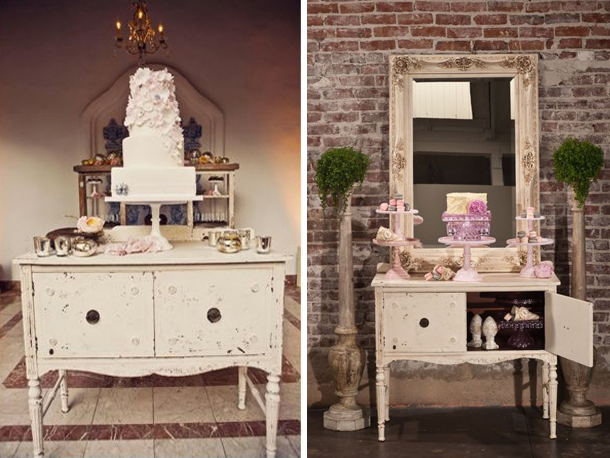 Vintage furniture for wedding cake display Perfectly placed wood and glass